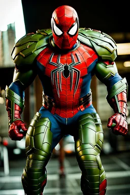 Spider-man in hulking futuristic armor, photograph