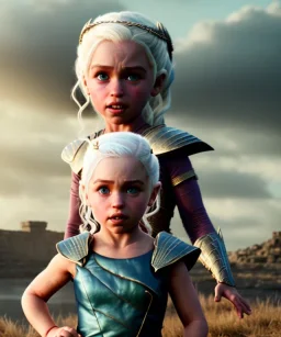 Daenerys Targaryen toddler, full body, dramatic lighting, angry, hyper realistic,