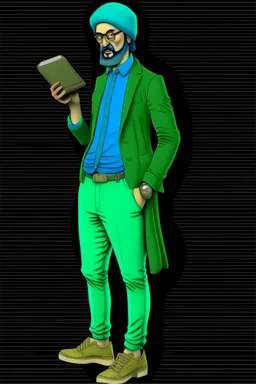 Modern guy, 20s, holding ipad in left hand, looks like a renaissance painting, walking forward, full body, "persian green", "right hand pointing down". Front facing