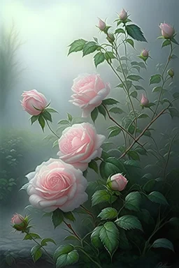 74. Watercolor, a bush of delicate pink roses, an ultra-detailed plant, morning, rain, beautiful landscape, fog, many details, delicate sensuality, realistic, high quality, 3d, work of art, hyperdetalization, filigree, hazy haze background, hyperrealism, professional, transparent, delicate pastel tones, back lighting, contrast, fantastic, unreal, translucent, glowing, clear lines, epic fabulous, fabulous landscape, hyperrealism