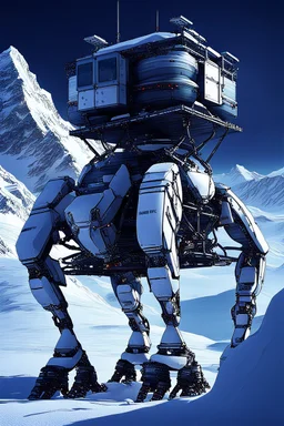 a sleek mechanical walker with eight legs scaling a very steep snow covered side of mout everest at night, it has a smooth surface, it has storage pods on its belly and humans can fit in the pods