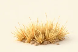 Isolated concept art of low poly stylized alien dry grass on a plain neutral background. Simple low-poly design with minimal details, suitable for 3D modeling. The grass should look slightly alien — with unusual blade shapes, subtle color variations, and dry, brittle texture. Colors range from dusty yellow, ochre, muted green, and pale orange, blending naturally with desert or rocky terrain. No background, no shadows, clear separation of each grass clump, consistent lighting.