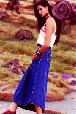 year 1996 denim fashion. Loose skirt, low waist. Colors: denim blue, blue, purple, cream, khaki, light green, lilac, plum, orange, terracotta, red, light yellow, lion yellow, pink, dark blue, beige. Steffi Graff, lara croft, algelica kallio,