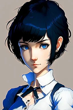 one piece style girl with straight black short hair and blue eyes in a puffy shirt