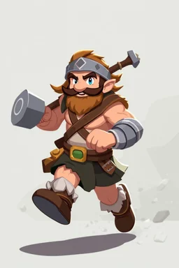 Male Fantasy RPG character, barbarian, chaabi kawaii Mario proportions, lord of the rings inspiration, with hammer, in a bounding run, animation character