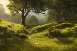 the shire, beautiful scenic landscape, lord of the rings, wide angle, super highly detailed, professional digital painting, artstation, concept art, smooth, sharp focus, no blur, no dof, extreme illustration, unreal engine 5, photorealism, hd quality, 8 k resolution, cinema 4 d, 3 d, beautiful, cinematic, art by artgerm and greg rutkowski and alphonse mucha and loish and wlop