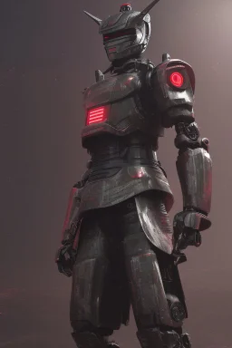 samurai robot in black and cloak in a cyberpunk environment