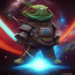 samurai space turtle with a dark supernova exploding behind