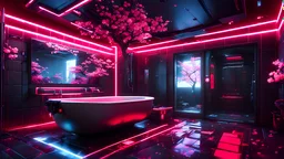 Cyberpunk bathroom. Detailed. Rendered in Unity. Japanese elements. Black and red lighting. Holograms. add a sakura tree into the room. Add a big tub in the middle of it.