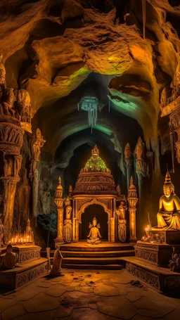 Bosch painting style , An amazing temple with a great religious golden status all around in un underground cave with dim lights