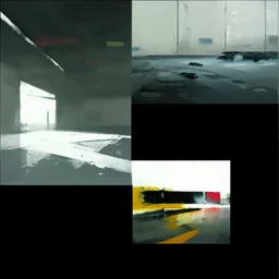 Minimal abstract oil paintings of a desolate 1960s carpark. Illuminated by a spotlights. On the floor are concrete fragments and road markings . In the dark mysterious style of Justin Mortimer and Francis Bacon.