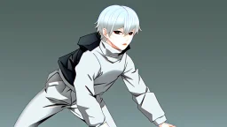 Satoru Gojo is a young tough guy white hair blue eyes black turtleneck without arms white loose pants in a defensive pose