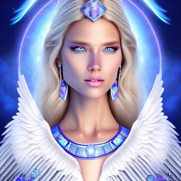 portrait of a beautiful aztecan woman with an angel face smiling,long blond hair, blue eyes, pink and blue dress, jewels, soft light aura