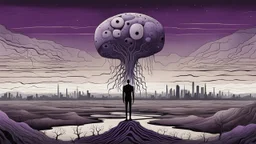 an giant block of amorphe stone of several layers inner a human figure stands alone , in outside around weird landscape with city in the distance, sharp lines, fade pale eyes, fade human figures in city, dark purple, gray, black, white, brown. Whimsical style and surreal vibe, lonely with absurd broken land, neuron network background, surreal nightmare vibe
