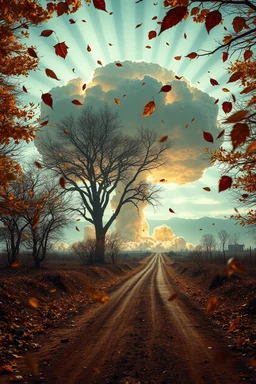 foreground with many falling leaves, behind is a nuclear explosion's mushroom cloud that looks more like a tree in fall, with explosion radiating outward, many leaves falling in foreground, ground is dirt and scorched with a road coming down the middle towards viewer, angelic fantastic lighting