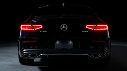 Full image of the rear view of a black Mercedes-Benz CLS with lights on
