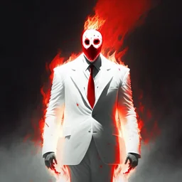 a scary man on fire wearing a white suit with a red tie who has no face