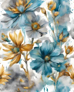 grey , smoke blue, turquoise and gold flower van Gough water color on white background