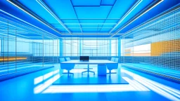 Capture the essence of a futuristic office in a visually striking image. Envision the subject as an office space rendered in a digital wireframe, with 3D cubes forming its structural elements. Ensure the style reflects that of futuristic photography, highlighting the sleek and modern aspects of the space. Incorporate a color palette dominated by light blue and light orange tones to infuse a harmonious and dynamic atmosphere into the composition. Aim for a seamless blend of the digital wireframe