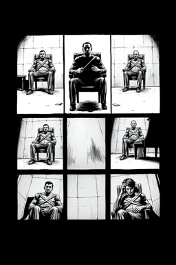a page divided into 6 rectangular panels, each with different views of a man strapped to a chair and being interrogated, lower and higher perspectives, suspenseful torture graphic novel, comic book