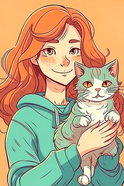 Cartoon drawing woman holding cat