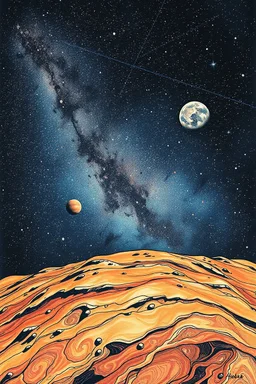 Bosch painting style of a stars in the space with earth and other planets in it, thine line draw style, show a shot of a view of Mars surface