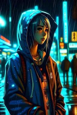 Anime girl without a hoodie in tokyo rainy night with neon lights