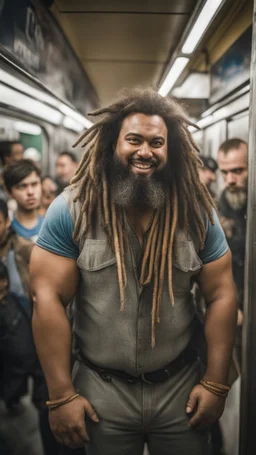 full figure photography of an ugly dirty gipsy burly muscular chubby stocky strong man 31 years old with raided beard, dreadlocks, manly chest, hairy , smiling mouth, photorealistic ,shirtless, bulging shorts, side light, inside a crowded subway station , neon lights