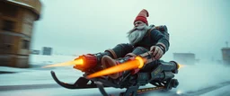 close up on gnome troll hit man with rocket boots in suit on a mech sled doing jumping stunt in winter wasteland, style of fallout 4, high speed with motion blur, on elevated road, beard blown into his face