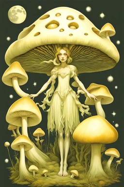 Beautiful rococo mushroom fairy, detailed eyes, realistic features, hq, fungi, celestial, moon, galaxy, stars, by Salvador Dalí, giger, Hieronymus Bosch, victo ngai, fungi, celestial, Ryan Hewett