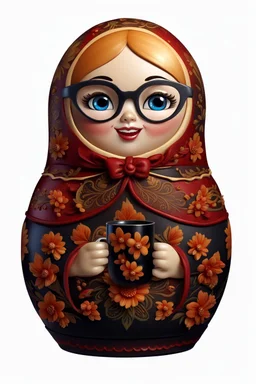 draw a Russian matryoshka doll in the style of Khokhloma, the matryoshka is smiling, the matryoshka has a coffee cup in her hands, a frontal angle, a picture on a white background, the matryoshka is drawn entirely, a highly detailed 3d picture