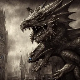 Realistic Dragon Bear in a medieval city, dark themed, Photorealism, cinematic