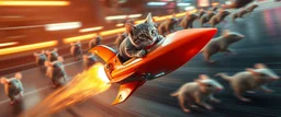 rocket ship cat captain in high speed pursuit among neon rats, with background motion blur