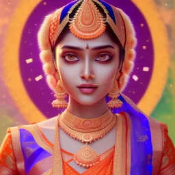 Indian woman in sari in an orange and violet landscape with multicolored crystals falling from the sky, full of details, smooth, bright sunshine，soft light atmosphere, light effect，vaporwave colorful, concept art, smooth, extremely sharp detail, finely tuned detail, ultra high definition, 8 k, unreal engine 5, ultra sharp focus