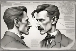 Nikola Tesla lifelike in the style of 3-d side view perpective