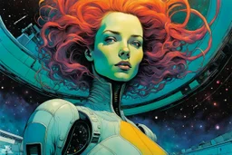 create an imaginative amorphous female extraterrestrial cybernetic time traveler with finely detailed facial features, sinuous tentacle hair, at the helm of an interstellar jumpship , in the comic book art style of Bill Sienkiewicz, Mike Mignola, and Jean Giraud Moebius, finely textured, drawn, colored, and inked