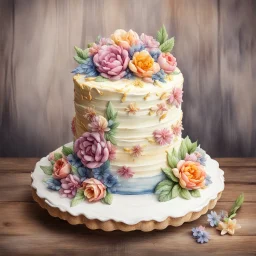 round buttercream cake with floral decoration on wooden background.watercolor,trend on Artstation,sharp focus,studio photo, intricate details,highly detailed