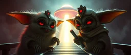 love is like a sin my love, volume fog light, hyper real close up on fluffy faces of rock cute charming uplifting energetic blessed alien cricket coyote priest gremlin fashion general with hi tech transcendent lazer plasma blaster arsenal from hell, guarding bridge up to space saucer neon plastic transparent, movie poster