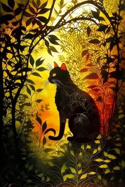 A striking and surreal painting of a cat silhouette, illuminated by a warm, golden light that creates a mesmerizing jungle scene on its body. The cat's fur shimmers with an otherworldly glow, as if woven with threads of moonlight. The jungle scene within the cat's fur is filled with dense foliage, radiant sunsets, and a serene landscape of leaves and vines, providing a sense of tranquility and harmony with nature. A delicate dove soars within the scene, representing the spirit of the cat. The ca