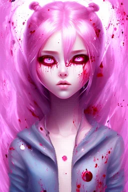 girl, holding knife, cute, beautiful, big nose, pink hair, long hair, blue eyes, black sweater, blood splatter