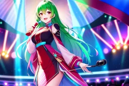 girl, masterpiece, best quality, volumetric lighting, detailed outfit, perfect eyes, long hair, two-tone hair, pink hair 50, green hair 50, red eyes, music stage, micro phone, lens flare abuse, laughing,