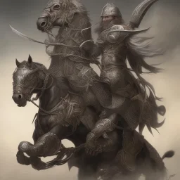 Nomad cavalry inline attacking. Horses. Damascus steel. Black. Sharp details. Roar.