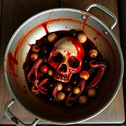 A cooking pan full with blood and guts and human remains head eyes balls and human cut fingers and toes