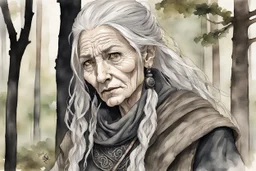 ink wash and watercolor illustration of an ancient grizzled, gnarled female vagabond wanderer, long, grey hair streaked with black, highly detailed facial features, sharp cheekbones. Her eyes are black. She wears weathered roughspun Celtic clothes, emaciated and tall, with pale skin, full body , thigh high leather boots within a forest of massive ancient oak trees in the comic book style of Bill Sienkiewicz and Jean Giraud Moebius , realistic dramatic natural lighting