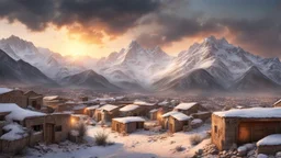 Hyper Realistic Pakistani village cloudy sunset & snowy mountains