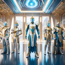 (masterpiece, best quality, 8k, RAW photo, beautiful and aesthetic:1.2), complex detail, Indirect light, photorealistic, (((full body))), Meeting of a group of caucasian and asian cosmic male gods smiling, Mixed, sci-fi and cyborg outfit Tron like with golden futuristic artifacts, white, blue and silver elements- Inside a great room of a flying saucer with a round hublot showing a galactic sunset