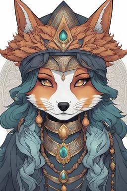 create an ethereal, darkly magical ,Kitsune sorceress with highly detailed and deeply cut facial features, illustrated in the style of Mindy Lee, Matias Bergara , and Hitoshi Yoneda, 4k precisely drawn, boldly lined and colored