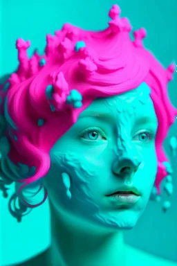 Girl face with cyan rubber effect in all face with pink sponge algae hair