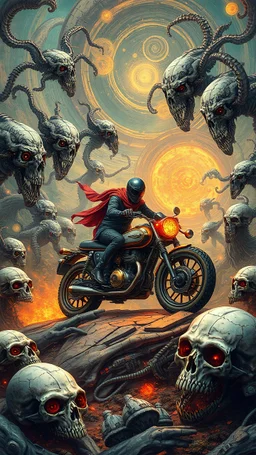 Create a highly detailed and intricate image featuring an otherworldly landscape that blends organic and mechanical elements. The scene should include a central figure on a motorcycle with glowing elements, surrounded by an array of fantastical creatures and skulls with mechanical parts. The background should be filled with swirling patterns, reminiscent of both machinery and biological forms, creating a sense of depth and complexity. Include vibrant colors that highlight the surreal nature of t