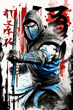 Sub Zero from Mortal Kombat, ink artistic conception, with typography elements, abstract, complementary colors, simplicity, Chinese painting, white background, 8k,